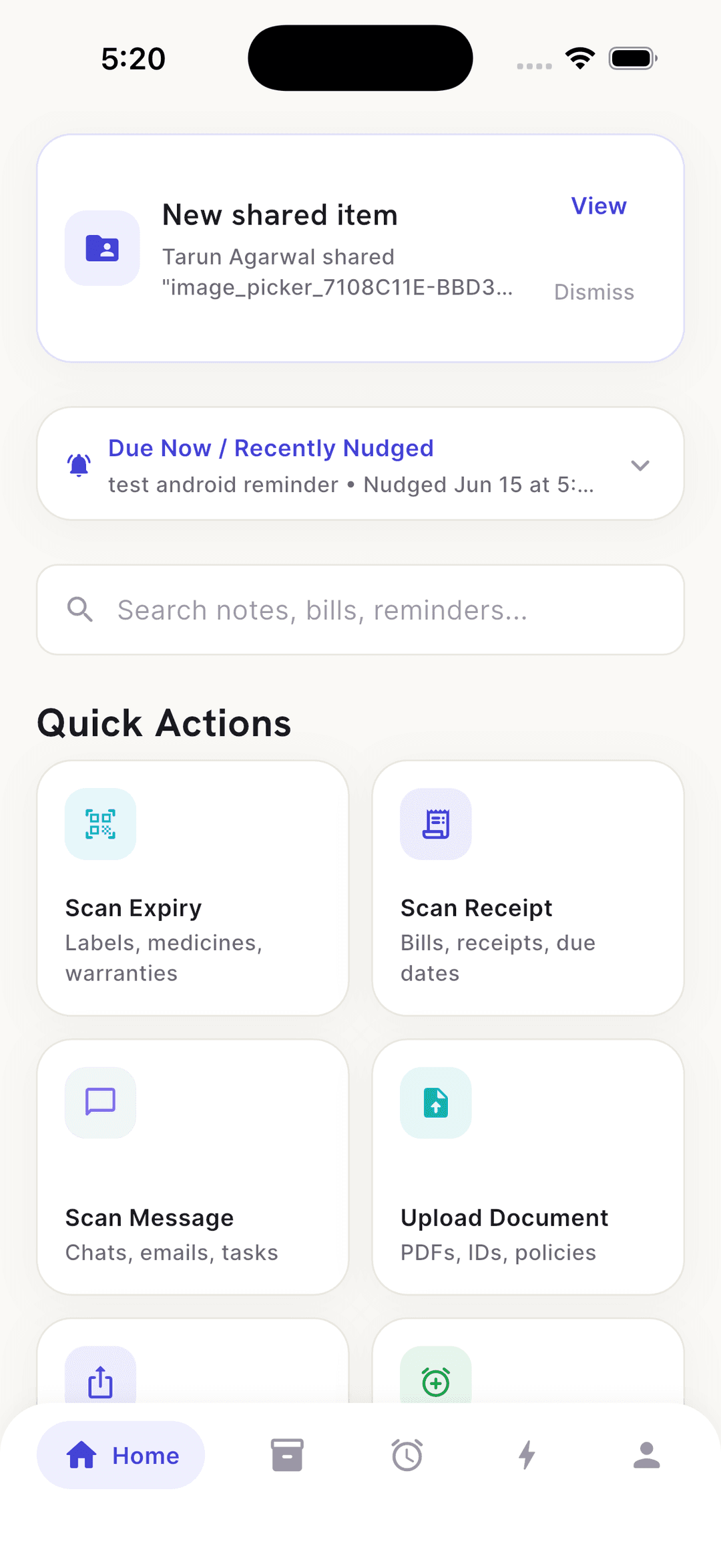 Evoka app home screen showing quick actions