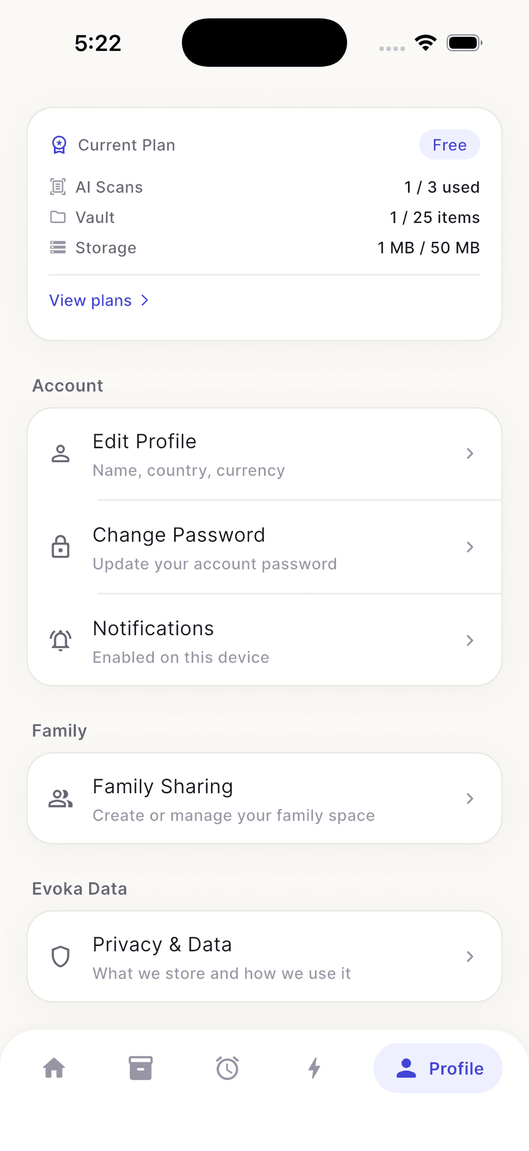 Evoka profile settings screen