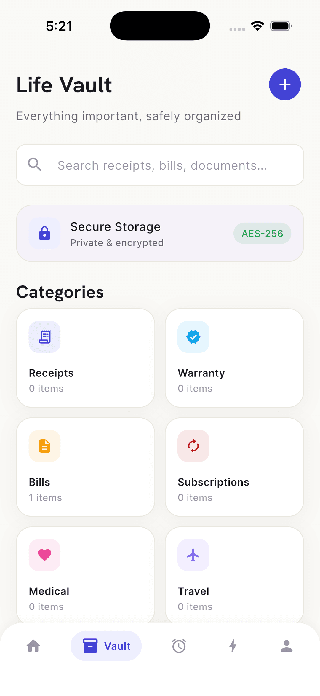 Evoka vault categories screen